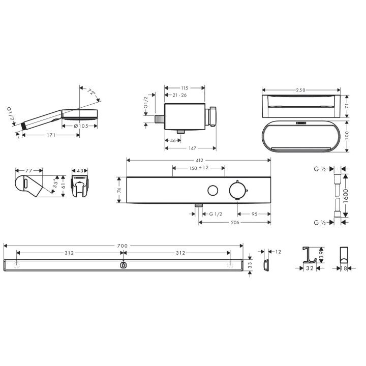 Hansgrohe WallStoris - Set sprchové hlavice 105, 3 proudy, termostatu a koupelnových doplňků, matná černá 24250670